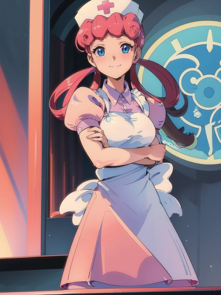 (masterpiece, best quality:1.2), nurse joy, pokemon, blue eyes, closed mouth, long hair, pink hair, short sleeves, nurse, blush, holding, puffy short sleeves, large breasts, puffy sleeves,  nurse cap, 1girl, looking at viewer, smile, solo, hat, dress, apron, hair rings, clipboard 