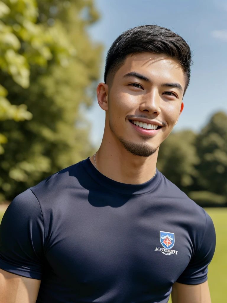 Tony Labrusca, (As a matter of fact, Masterpiece, 8k HD, good light quality, sportswear, fit the face, complicated details), A handsome, muscular young Korean man. , 20 years old, be happy, smile brightly, detailed face, delicate eyes, มองดูsky, Wear a navy tight T-shirt., period, black eyes, Black hair color, ผมsmooth, smooth, outdoor sports, Along the garden, Sunny,sky,Surreal,Awesome details,Highest quality,real,