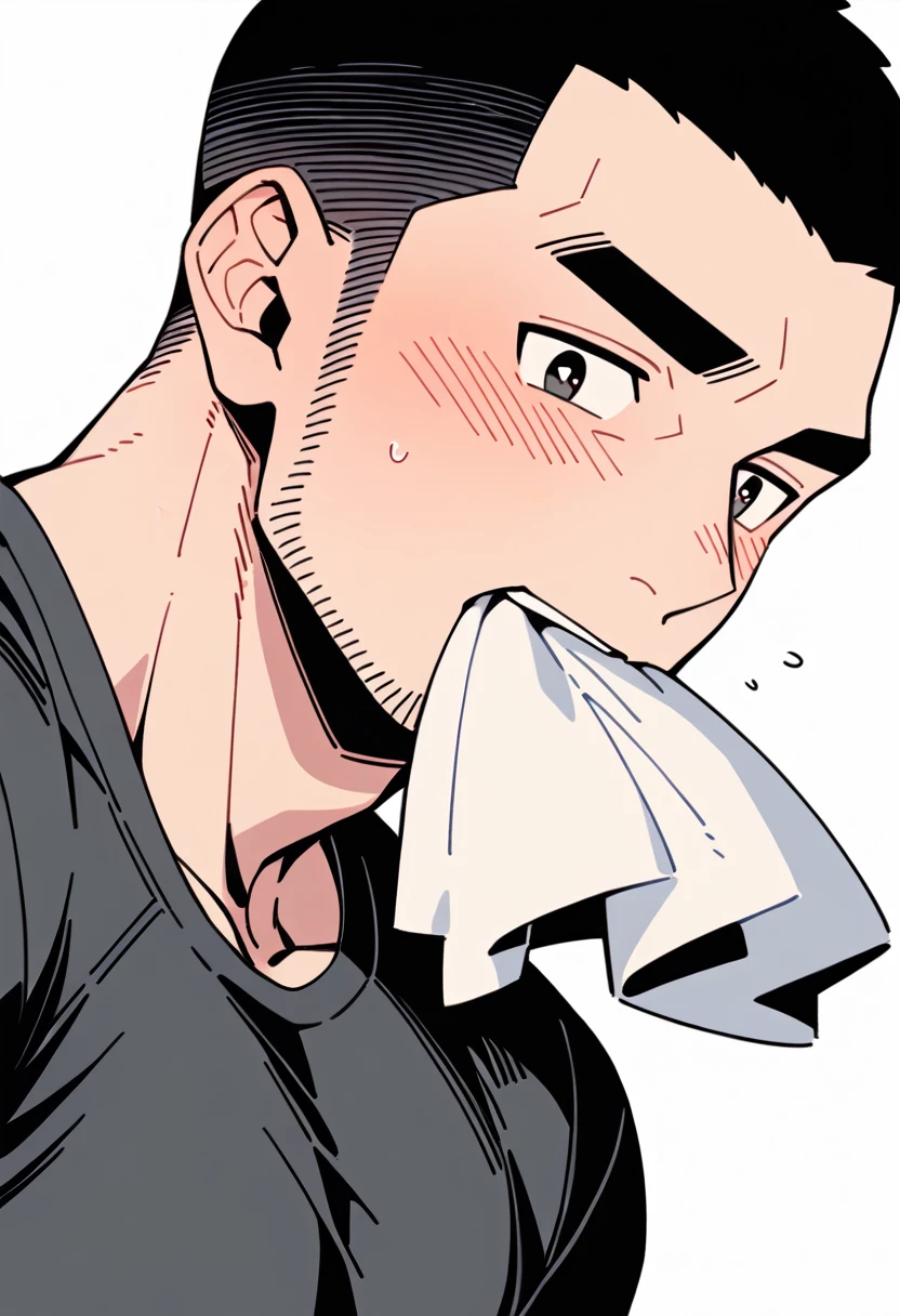 anime characters:Priapus, Muscle Sports Student, Buzz Cut, Manliness, male focus, Dark black tight T-shirt, Very tight, full and perky chest muscles, muscular male, muscular, only, Upper body, alone, Black short hair, Thick eyebrows, stubble, Brown-red pupils, White background, simple background, amazing quality, best aesthetics, Ridiculous, crew cut, blush, mouth hold, Biting a white cotton towel in the mouth, embarrassed, shy, endured face, negative space, best quality