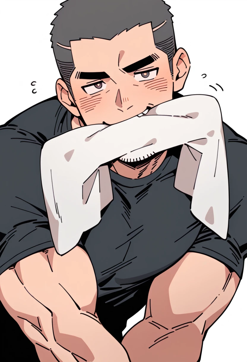 anime characters：Priapus, Muscle Sports Student, Buzz Cut, Manliness, male focus, Dark black tight T-shirt, Very tight, full and perky chest muscles, muscular male, muscular, only, Upper body, alone, Black short hair, Thick eyebrows, stubble, Brown-red pupils, White background, simple background, amazing quality, best aesthetics, Ridiculous, crew cut, blush, mouth hold, Biting a white cotton towel in the mouth, embarrassed, shy, endured face, negative space, best quality