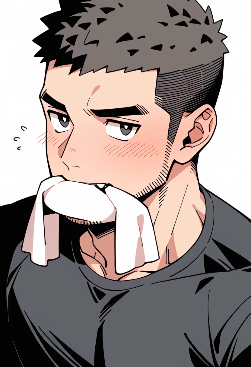 anime characters：Priapus, Muscle Sports Student, Buzz Cut, Manliness, male focus, Dark black tight T-shirt, Very tight, full and perky chest muscles, muscular male, muscular, only, Upper body, alone, Black short hair, Thick eyebrows, stubble, Brown-red pupils, White background, simple background, amazing quality, best aesthetics, Ridiculous, crew cut, blush, mouth hold, Biting a white cotton towel in the mouth, embarrassed, shy, endured face, negative space, best quality