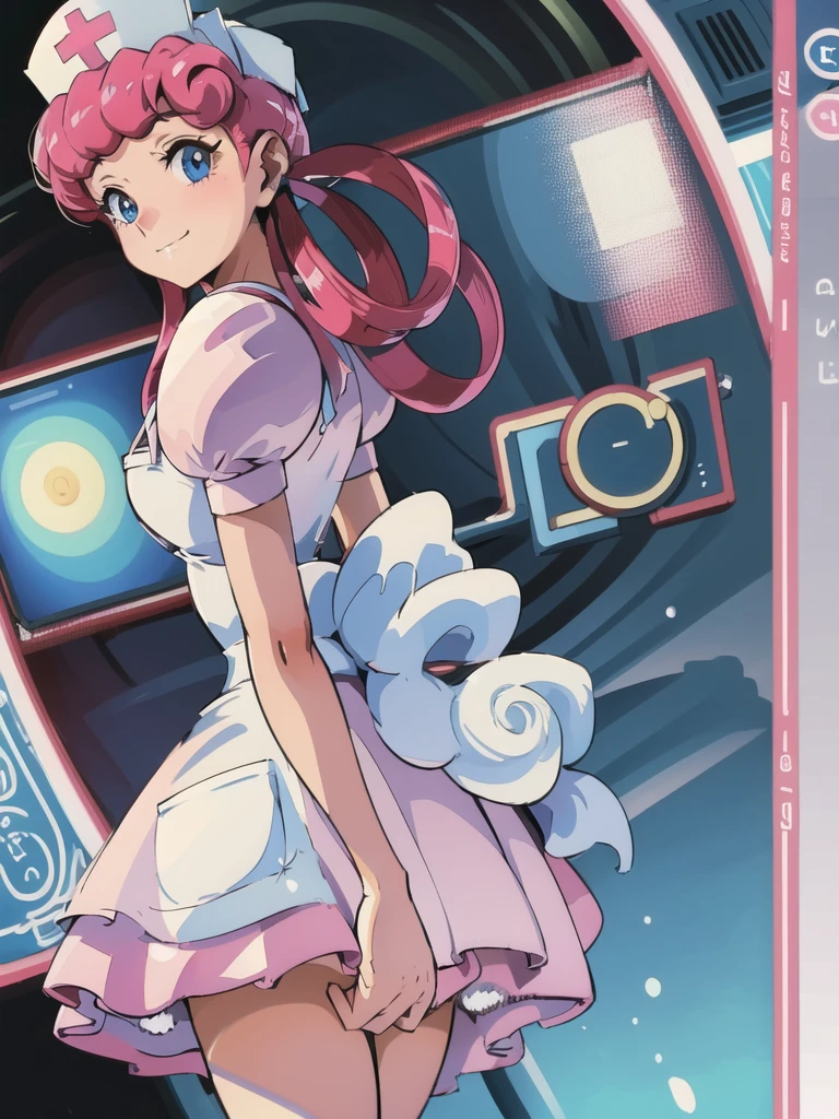 (masterpiece, best quality:1.2), nurse joy, pokemon, blue eyes, closed mouth, long hair, pink hair, short sleeves, nurse, blush, holding, puffy short sleeves, large breasts, puffy sleeves, nurse cap, 1girl, looking at viewer, smile, solo, hat, dress, apron, hair rings, clipboard