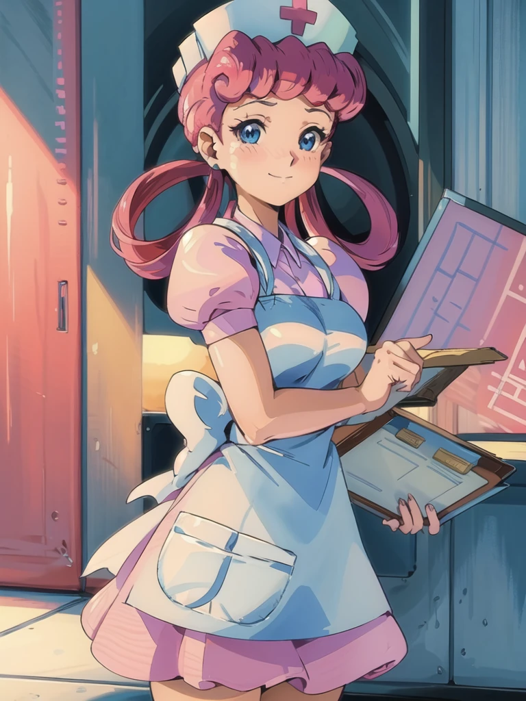 (masterpiece, best quality:1.2), nurse joy, pokemon, blue eyes, closed mouth, long hair, pink hair, short sleeves, nurse, blush, holding, puffy short sleeves, large breasts, puffy sleeves,  nurse cap, 1girl, looking at viewer, smile, solo, hat, dress, apron, hair rings, clipboard 