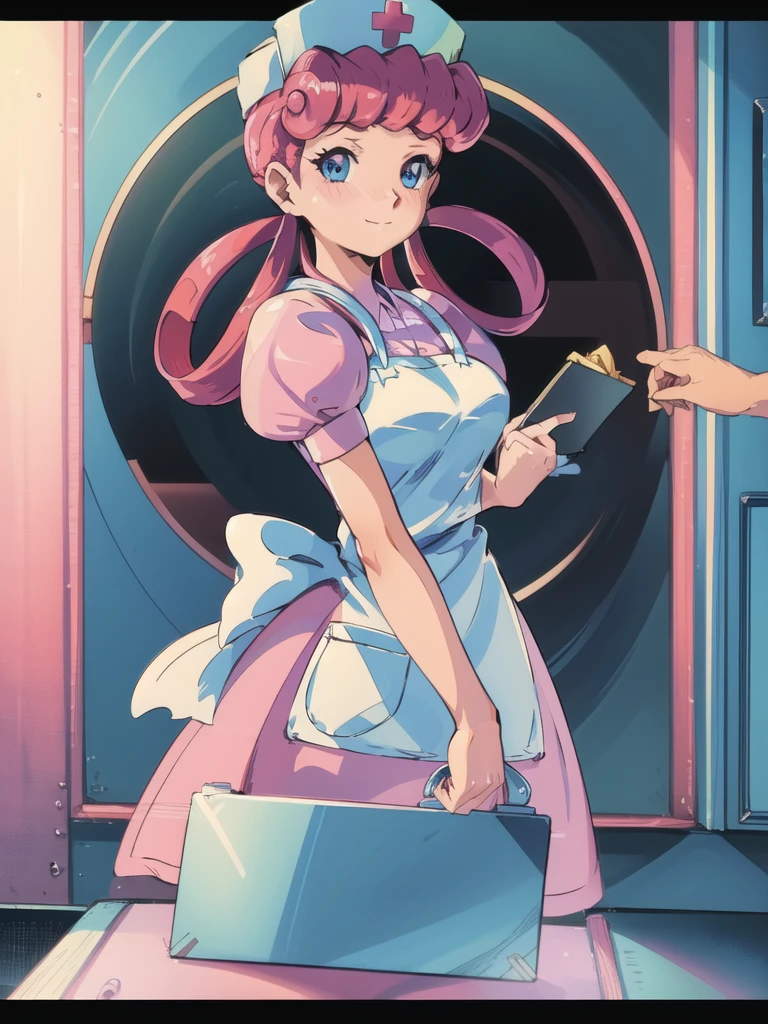 (masterpiece, best quality:1.2), nurse joy, pokemon, blue eyes, closed mouth, long hair, pink hair, short sleeves, nurse, blush, holding, puffy short sleeves, large breasts, puffy sleeves, nurse cap, 1girl, looking at viewer, smile, solo, hat, dress, apron, hair rings, clipboard
