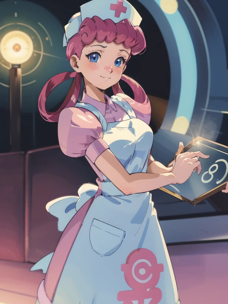 (masterpiece, best quality:1.2), nurse joy, pokemon, blue eyes, closed mouth, long hair, pink hair, short sleeves, nurse, blush, holding, puffy short sleeves, large breasts, puffy sleeves,  nurse cap, 1girl, looking at viewer, smile, solo, hat, dress, apron, hair rings, clipboard 