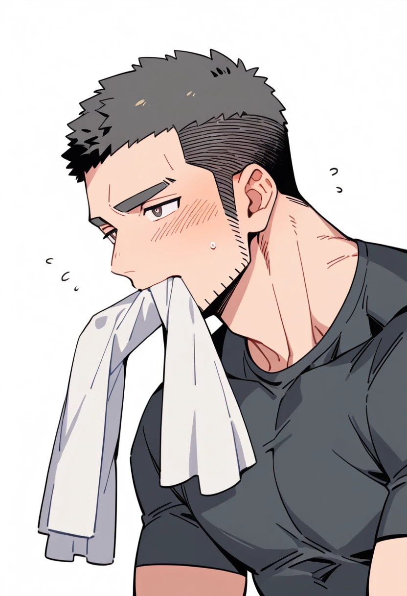 anime characters:Priapus, Muscle Sports Student, Buzz Cut, Manliness, male focus, Dark black tight T-shirt, Very tight, full and perky chest muscles, muscular male, muscular, only, Upper body, alone, Black short hair, Thick eyebrows, stubble, Brown-red pupils, White background, simple background, amazing quality, best aesthetics, Ridiculous, crew cut, blush, mouth hold, Biting a white cotton towel in the mouth, embarrassed, shy, endured face, negative space, best quality