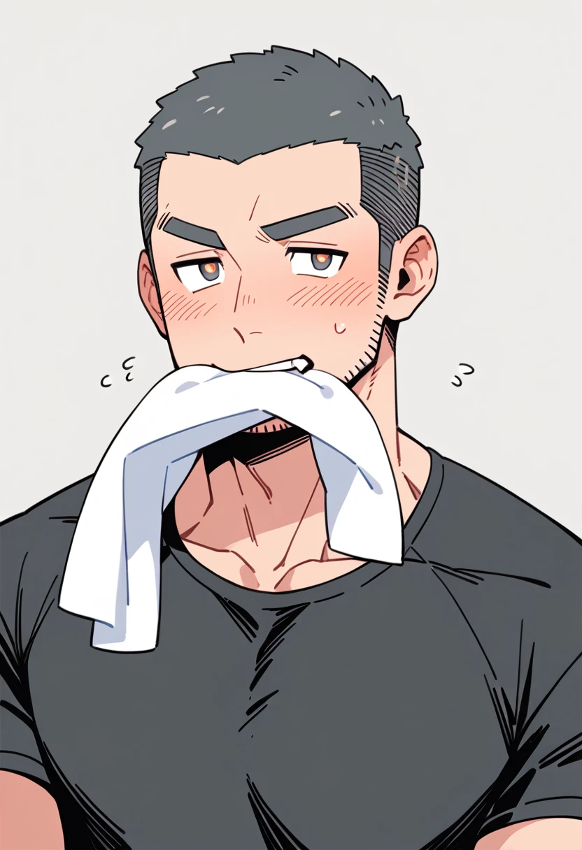 anime characters：Priapus, Muscle Sports Student, Buzz Cut, Manliness, male focus, Dark black tight T-shirt, Very tight, full and perky chest muscles, muscular male, muscular, only, Upper body, alone, Black short hair, Thick eyebrows, stubble, Brown-red pupils, White background, simple background, amazing quality, best aesthetics, Ridiculous, crew cut, blush, mouth hold, Biting a white cotton towel in the mouth, embarrassed, shy, endured face, negative space, best quality