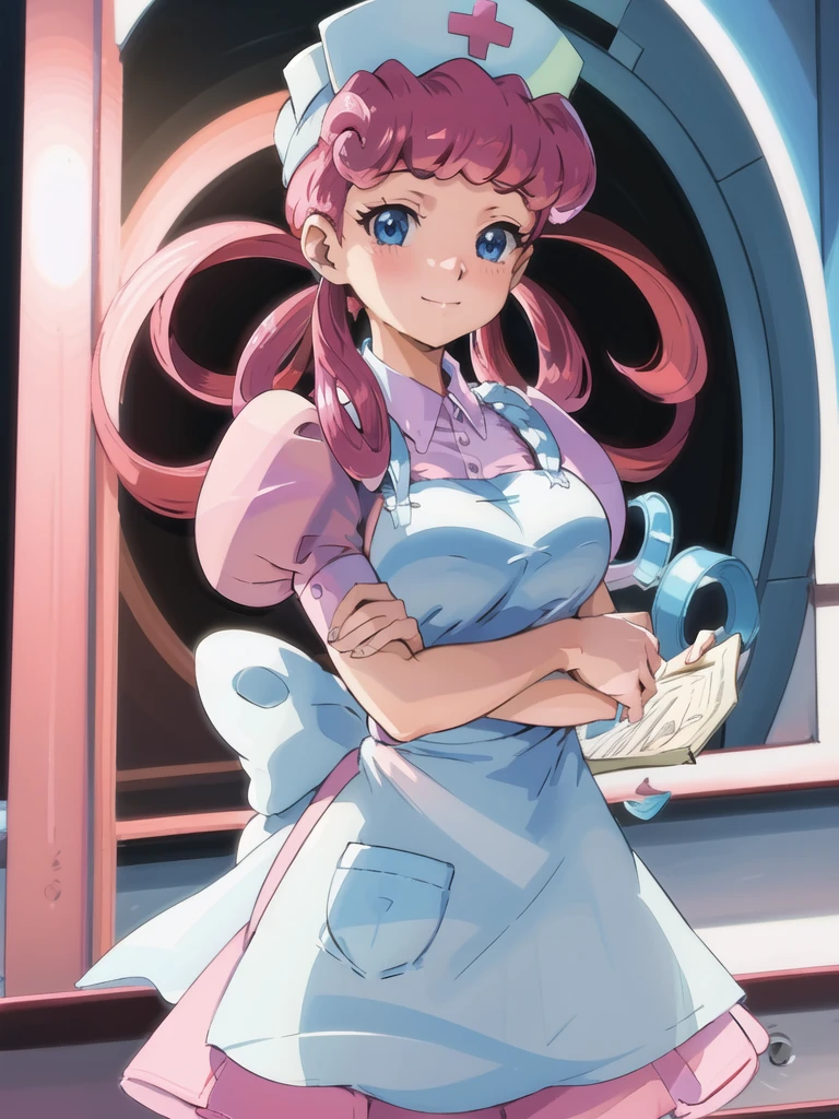 (masterpiece, best quality:1.2), nurse joy, pokemon, blue eyes, closed mouth, long hair, pink hair, short sleeves, nurse, blush, holding, puffy short sleeves, large breasts, puffy sleeves, nurse cap, 1girl, looking at viewer, smile, solo, hat, dress, apron, hair rings, clipboard