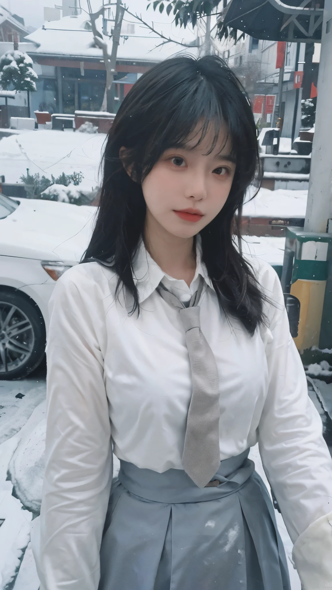 Best quality，masterpiece，Ultra-high resolution，snow，16K,Snow background，（Photo Realism：1.4),1 Girl，JK，Sexy，（Shirt and Tie：1.2),（Big breasts：1.3),（Upper body：1.4)