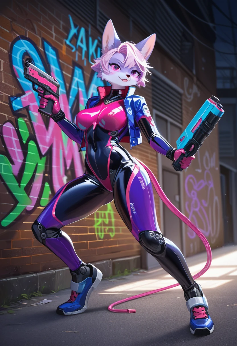 animation, Highest quality, Highest quality, High quality illustrations, masterpiece, Ultra-high resolution, Detailed Background, Alley, night, Graffiti art on the wall, Absurd, Perfect Anatomy, performance, Good lighting, Shadows in the movies(kemono, Furry Personifi猫ion), woman, Purple Skin, pink rubber suit, latex, neon, neonライト, neonカラー, Bodysuits, Cyber Suit, Mech Suit, Rubber Half Jacket, cyber punk, Blade Runner, He has a gun in his right hand, Holding a blade in his left hand