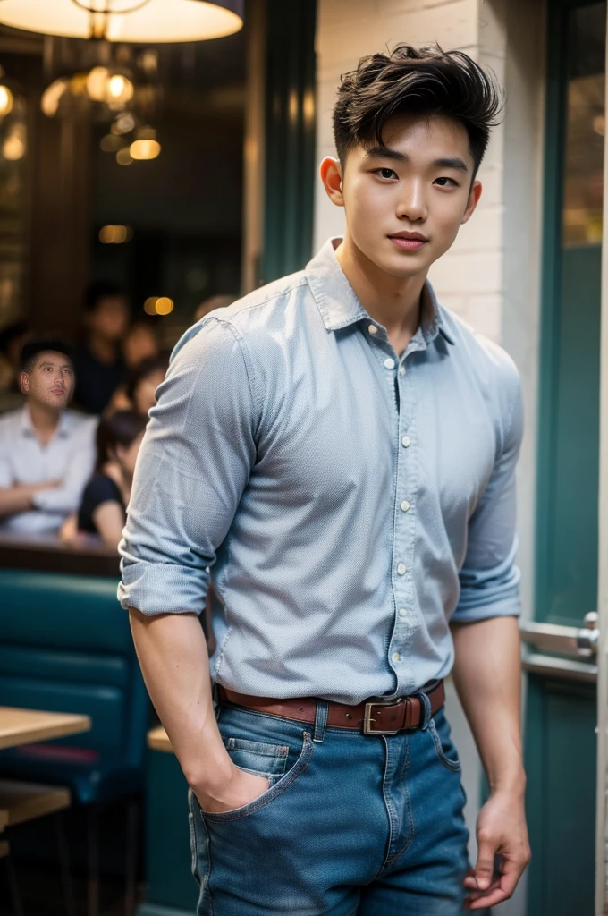 ((realistic daylight)) , Young Korean man in black sports shirt only, no pattern, denim shirt, jeans., A handsome, muscular young Asian man looks at the camera. , in the restaurant ,turn sideways