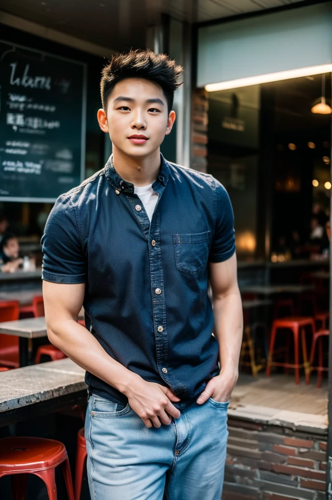 ((realistic daylight)) , Young Korean man in black sports shirt only, no pattern, denim shirt, jeans., A handsome, muscular young Asian man looks at the camera.  , in the restaurant ,turn sideways