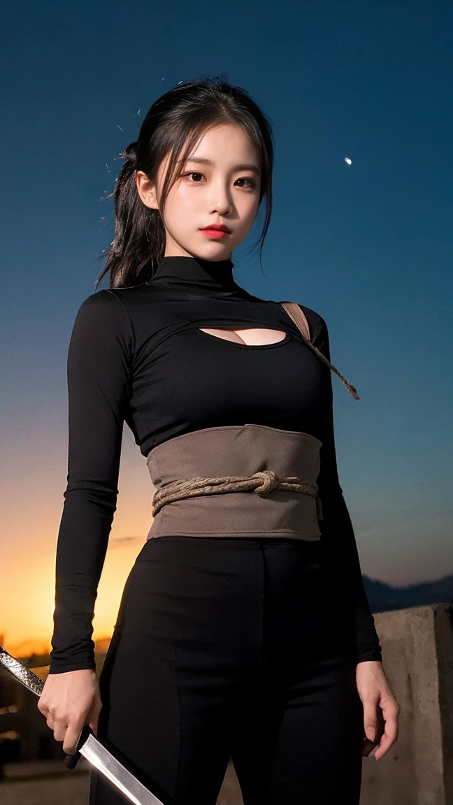 8k RAW photo, High resolution, 1 girl,. Night view, Ready to conquer the kingdom, ninja,Kunoichi,With a sword at his waist,shinobi, ninja mask, pony tail