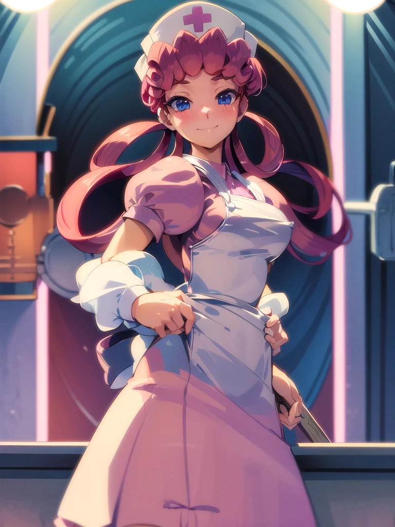 (masterpiece, best quality:1.2), nurse joy, pokemon, blue eyes, closed mouth, long hair, pink hair, short sleeves, nurse, blush, holding, puffy short sleeves, large breasts, puffy sleeves,  nurse cap, 1girl, looking at viewer, smile, solo, hat, dress, apron, hair rings, clipboard 