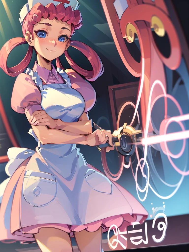 (masterpiece, best quality:1.2), nurse joy, pokemon, blue eyes, closed mouth, long hair, pink hair, short sleeves, nurse, blush, holding, puffy short sleeves, large breasts, puffy sleeves,  nurse cap, 1girl, looking at viewer, smile, solo, hat, dress, apron, hair rings, clipboard 