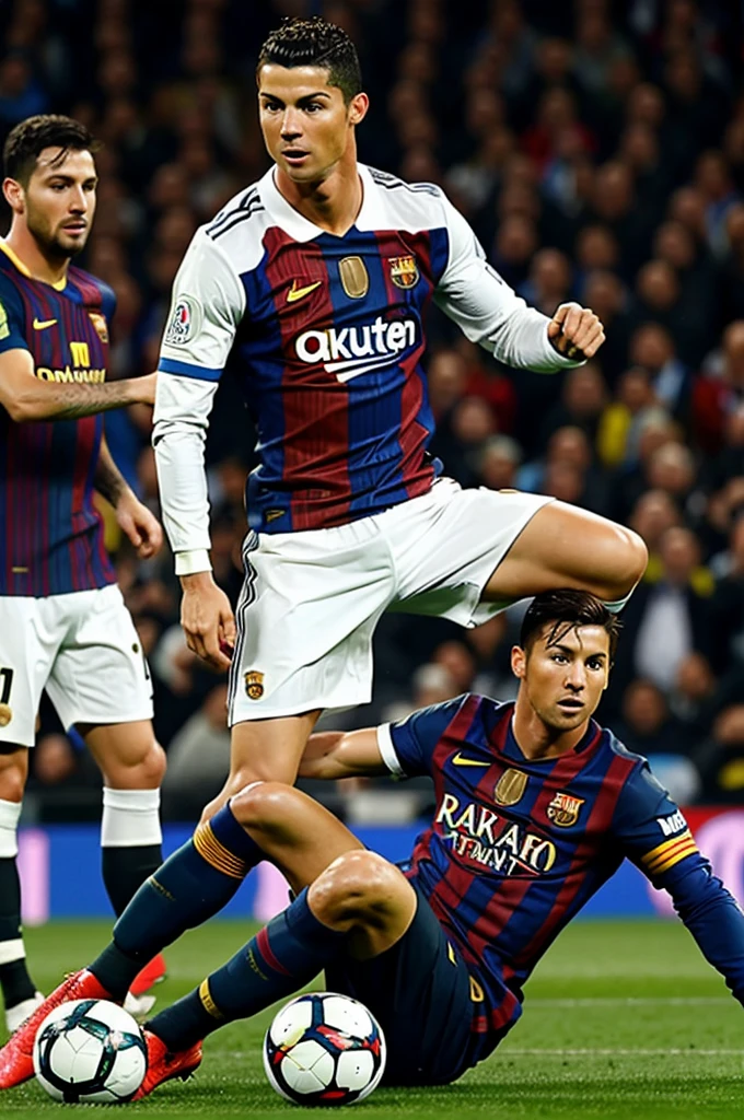 Cristiano Ronaldo sitting on top of Messi