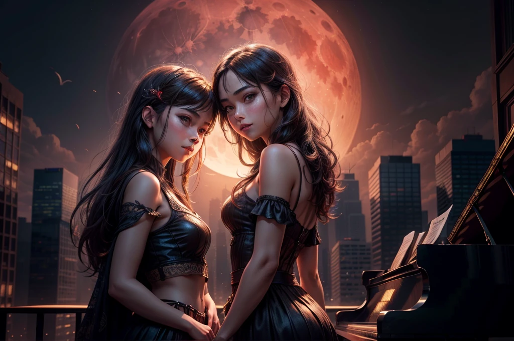 A detailed, beautiful girl in a vector art city with a red moon, twin girls playing piano and flute on the rooftop, tall buildings, a breathtaking landscape, looking at camera and smiling, (best quality,4k,8k,highres,masterpiece:1.2),ultra-detailed,(realistic,photorealistic,photo-realistic:1.37),digital art,matte painting,concept art,warm lighting,cinematic,dramatic lighting,intricate details,vibrant colors,glowing moon,captivating atmosphere