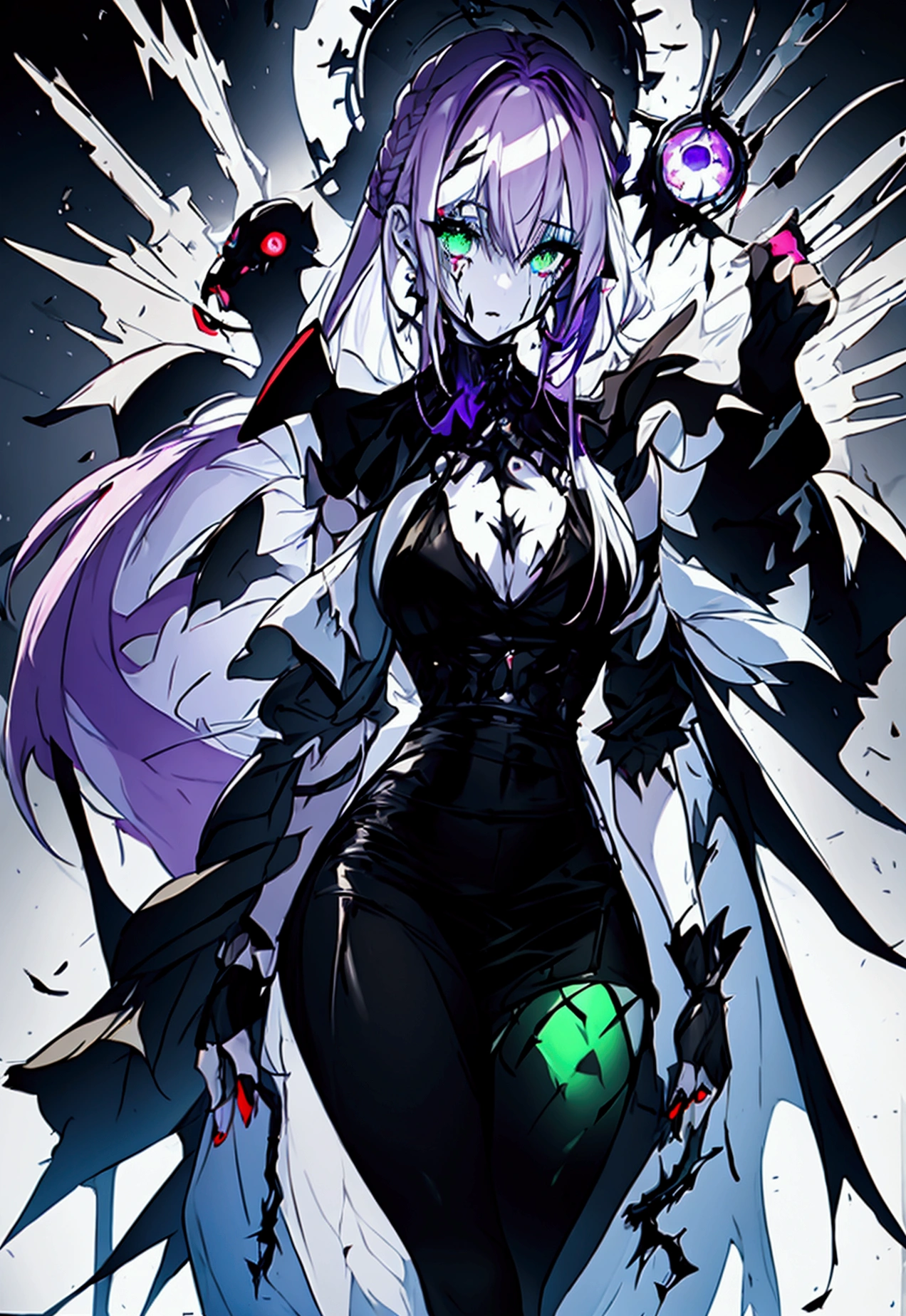 sketch (Character design sheet, same characters, whole body, Three-View, front, ~ ~ ~ ~ side, return),(Very bright:1.1), Sunset background, [1 Girl:7], (Tilt your head:1.2), ([sketch|watercolor \(Moderate\)]:1.15),Chaotic Abstractionな背景, Vector Trace, グラデーションブレンディング and whole body, Artistic elements add depth to the work. The overall atmosphere is creepy and nightmarish...., With a unique artistic touch. This movie is、The dark and crazy world of horror movies depicted in HD., Evoke visual stimuli and aesthetic sense, that will terrify and excite the audience....,watercolor画, （Lightless, Eyes without highlights, evil eye, An ugly person with white eyes, that&#39;Red eyeliner）,whole body絵, Wearing a maid outfit （Gradient braided hair, (Light purple hair), (Ink blotches:1.1), (pale:1.2),(Light purple:1.2),(Light green:1.2)　Adult features,expensive, Wearing black tights,Green Eyes, The skin is hidden　and maid, The background is a dark and desolate landscape, Horror movie atmosphere. Her figure is very beautiful, Emphasizing the dark and crazy elements. Skillfully expressing the effects of light and shadow, detailed, The face and expression of the black costume are also carefully drawn....,sketch (Character design sheet, same characters, whole body, Three-View, front, ~ ~ ~ ~ side, return) 1 female, Nervous,Cowboy Shot,,(Very bright:1.1), White Background, [1 Girl:7], (Tilt your head:1.2), ([sketch|watercolor \(Moderate\)]:1.15),Chaotic Abstraction