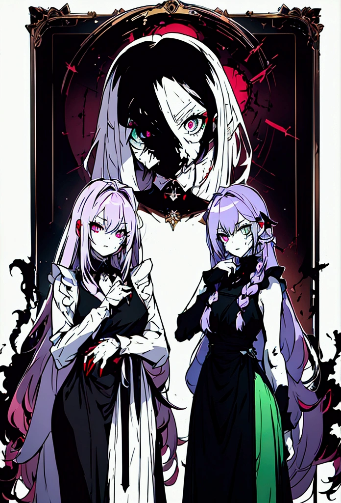 sketch (Character design sheet, same characters, whole body, Three-View, front, ~ ~ ~ ~ side, return),(Very bright:1.1), Sunset background, [1 Girl:7], (Tilt your head:1.2), ([sketch|watercolor \(Moderate\)]:1.15),Chaotic Abstractionな背景, Vector Trace, グラデーションブレンディング and whole body, Artistic elements add depth to the work. The overall atmosphere is creepy and nightmarish...., With a unique artistic touch. This movie is、The dark and crazy world of horror movies depicted in HD., Evoke visual stimuli and aesthetic sense, that will terrify and excite the audience....,watercolor画, （Lightless, Eyes without highlights, evil eye, An ugly person with white eyes, that&#39;Red eyeliner）,whole body絵, Wearing a maid outfit （Gradient braided hair, (Light purple hair), (Ink blotches:1.1), (pale:1.2),(Light purple:1.2),(Light green:1.2)　Adult features,expensive, Wearing black tights,Green Eyes, The skin is hidden　and maid, The background is a dark and desolate landscape, Horror movie atmosphere. Her figure is very beautiful, Emphasizing the dark and crazy elements. Skillfully expressing the effects of light and shadow, detailed, The face and expression of the black costume are also carefully drawn....,sketch (Character design sheet, same characters, whole body, Three-View, front, ~ ~ ~ ~ side, return) 1 female, Nervous,Cowboy Shot,,(Very bright:1.1), White Background, [1 Girl:7], (Tilt your head:1.2), ([sketch|watercolor \(Moderate\)]:1.15),Chaotic Abstraction