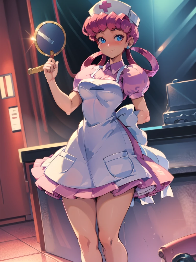 (masterpiece, best quality:1.2), nurse joy, pokemon, blue eyes, closed mouth, long hair, pink hair, short sleeves, nurse, blush, holding, puffy short sleeves, large breasts, puffy sleeves,  nurse cap, 1girl, looking at viewer, smile, solo, hat, dress, apron, hair rings, clipboard 