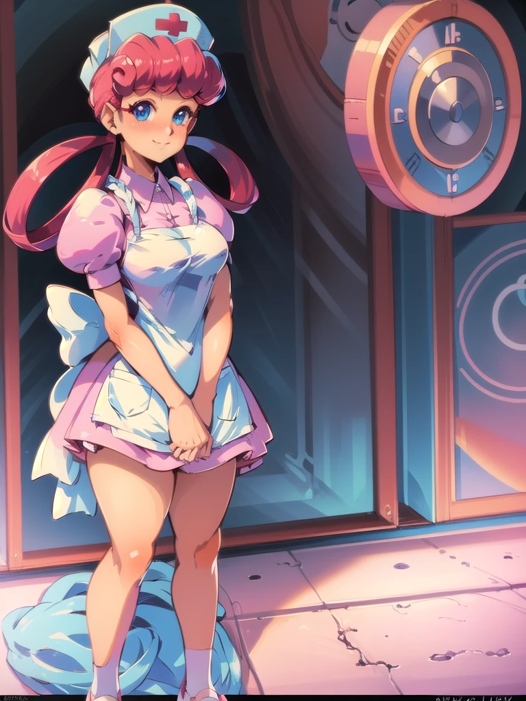 (masterpiece, best quality:1.2), nurse joy, pokemon, blue eyes, closed mouth, long hair, pink hair, short sleeves, nurse, blush, holding, puffy short sleeves, large breasts, puffy sleeves,  nurse cap, 1girl, looking at viewer, smile, solo, hat, dress, apron, hair rings, clipboard 