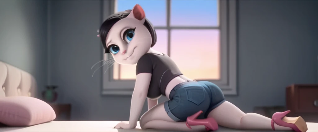 solo focus, a_la, 1girl, cat, white fur, long whiskers on both sides of the face, big bright blue eyes, big black eyelashes, big ass, big breasts, pink nose, triangular ears with pink channels, long legs, black hair, short hair, high heels, shorts jeans, black T-shirt. side view. in bed, sad smile, at home, looking back.Score_9, Score_8_up, Score_7_