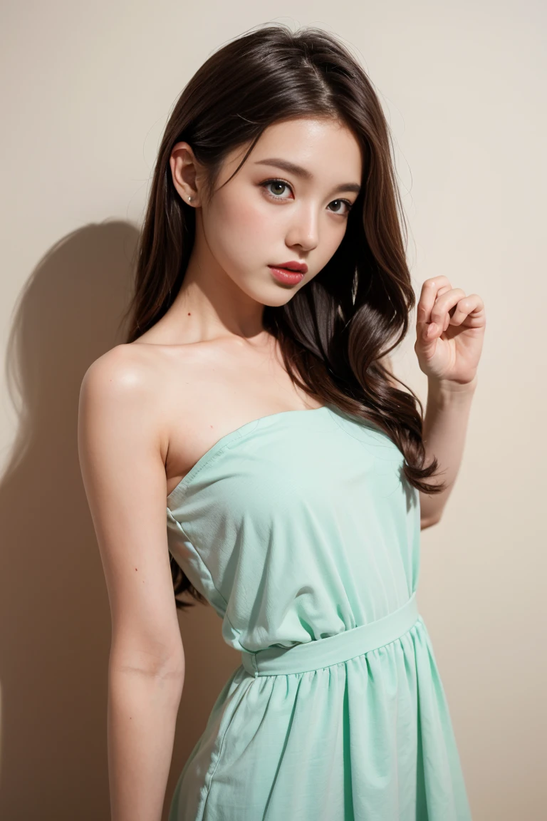 (nude)Wavy long hair, Brown Hair, One girl, Emerald Eyes, Shake with two fingers, Pink Lips, Pastel Green Dress,