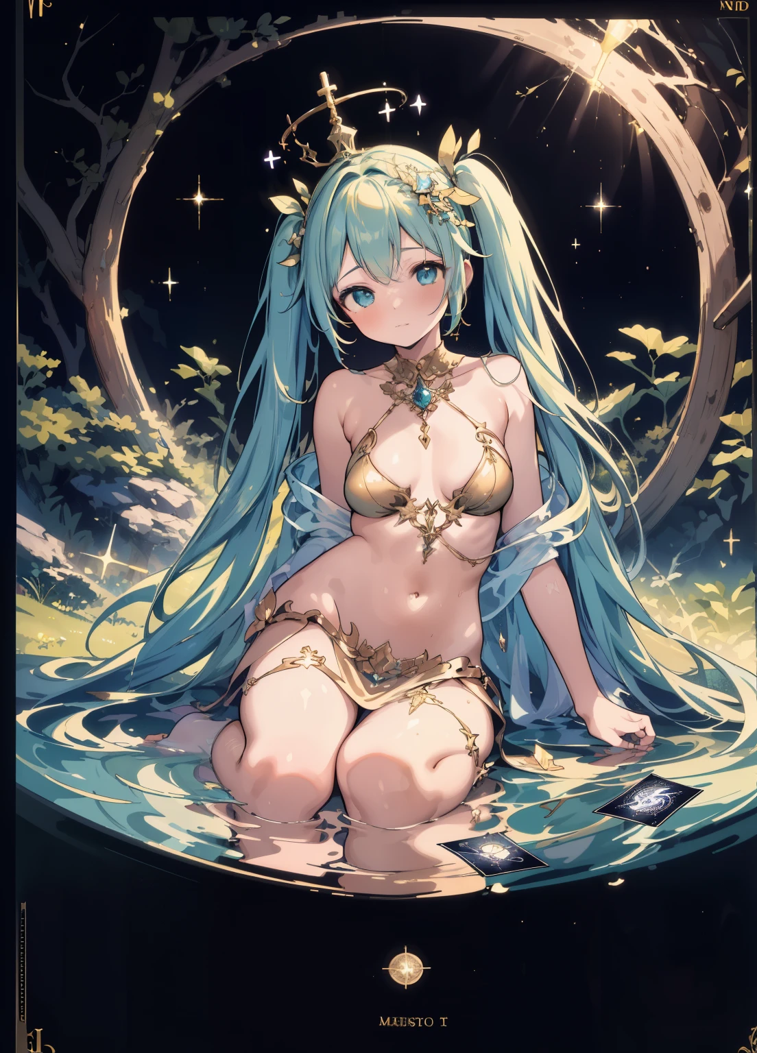 (masterpiece、Highest quality、Highest quality、Official Art、Beautiful and beautiful:1.2)、(One girl:1.3)Hatsune Miku、Twin tails,Beautiful breasts,Tarot Cards，Tarot full border，（Best image quality），（Very detailed explanation），One girl，Crown on head，Dressed in ancient fairy costume，holding a scepter in hand，（Full Body Lesbian），（Very perfect body），（Highly detailed and flawless facial depiction），青いstar空，（Very large moon close up），star（Sparkling），clothing（Glittering）， (画像はTarot Cards風の枠で囲まれている:1.5)，（masterpiece），（Great results），（8k wallpaper），myth，Fantasy Theme，Surreal Realism，Realistically，（Tangleた，Datura stramonium，Tangle，Intertwined），Holy Rays，Gold foil，Gold leaf art，Sparklingの絵