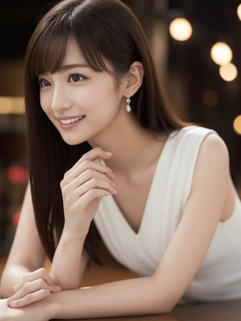 1 girl, (RAW Photos, Highest quality), (Realistic, Photorealistic:1.4), Tabletop, Very delicate and beautiful, Very detailed, 2k wallpaper, wonderful, finely, Very detailed CG Unity 8K 壁紙, Very detailedな, High resolution, Soft Light, Beautiful detailed girl, Very detailed目と顔, Beautiful and detailed nose, finelyて美しい目, Cinema Lighting, City lights at night, wonderfulイルミネーション, Perfect Anatomy, Slender body, small, smile