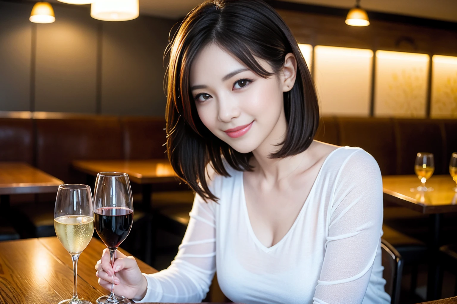 ((Highest quality、8k、masterpiece:1.3))、cute、slimカップル、modelカップル、actress男優、(Realistic, Intricate details:1.2), full-course dinner、Wine Party、Amazing view of the sunset sky and clouds、A bright smile、short hair,Bright Face、 (45 years old), 42 years old, red wine 、Appetizers、Italian food、Wine bottle、Champagne、sparkling wine、Two beauties、Brown Hair、Shortcuts、Long sleeve shirt、dress、Beautiful woman 1, (slimな顔), (The body is slim), (Brown Hair), (Shortcuts), cheeks turn a little red,Attractive beauty、restaurant, In a prominent place (From the waist up) Nova Frog Style, actress, model, Upper Body, White wine, slim, wine glass, 中央に置かれたwine glass, smile, (smile: 1.15), Beautiful fine grain, Depth f/2,saturation, High Contrast, Strong light and shadow,Moist Body:1.5、3D texture、Delicate eyes、Brown Hair、The hair is very shiny、