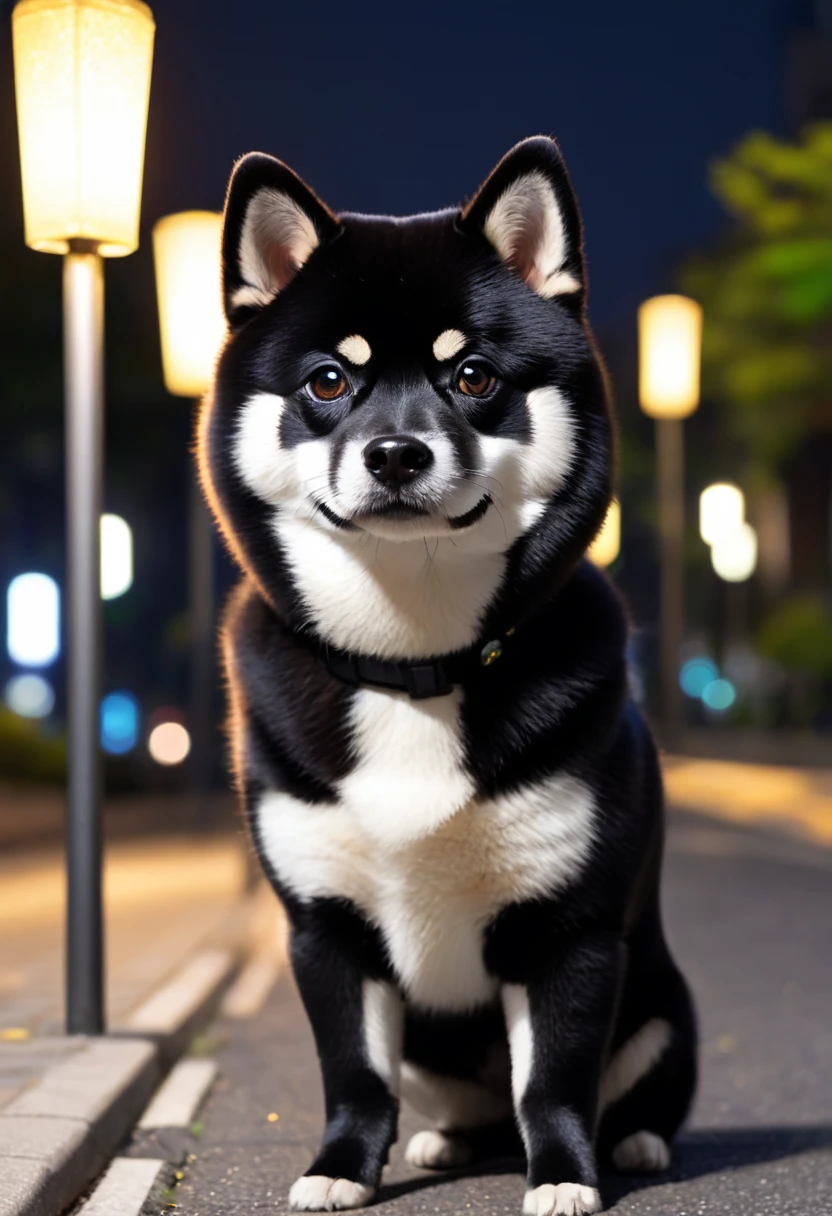 Cute situations with black Shiba Inu、Night walk scene:
The black fur blends into the night scenery.、The way the light reflections on the eyes and collar sparkle。The sight of them walking happily under the street lights is very mysterious and cute.。