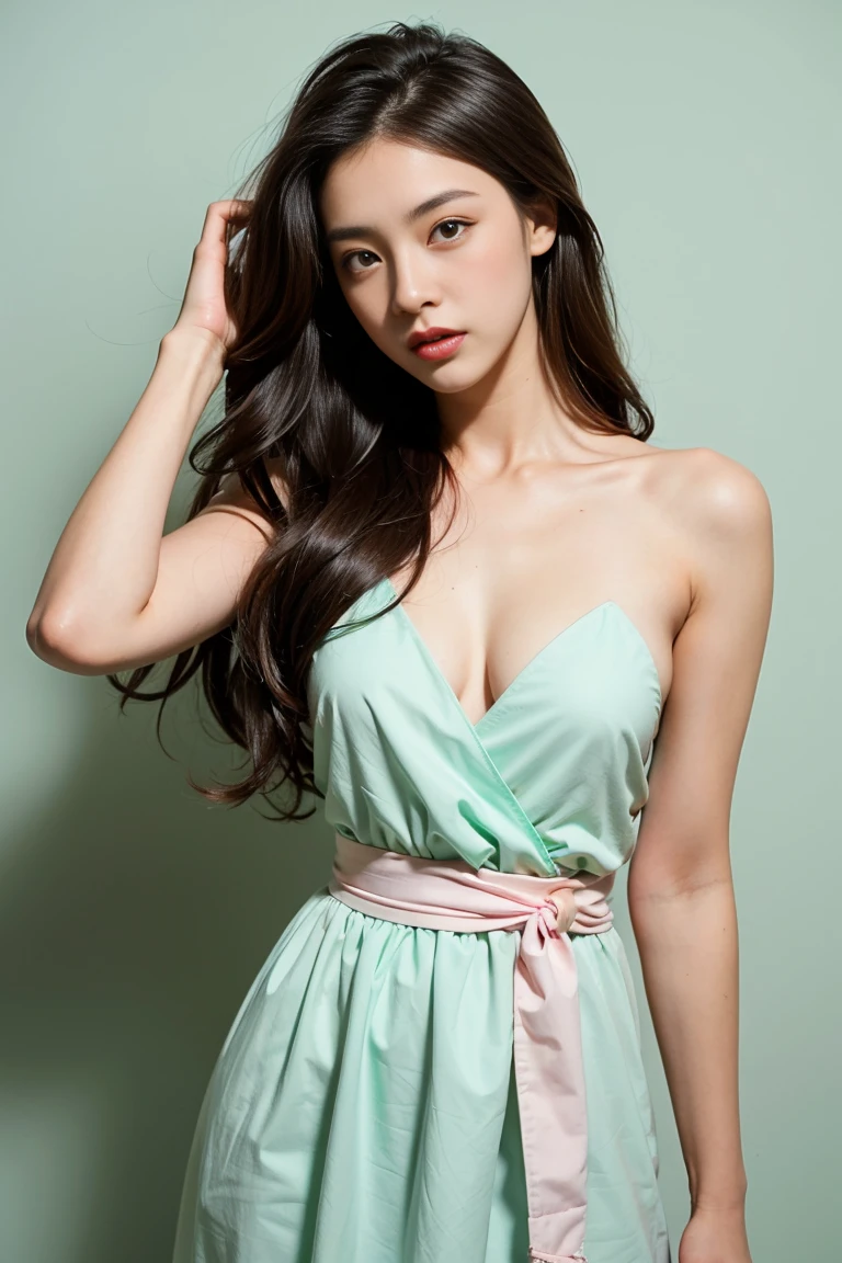 (nude)Wavy long hair, Brown Hair, One girl, Emerald Eyes, Shake with two fingers, Pink Lips, Pastel Green Dress,