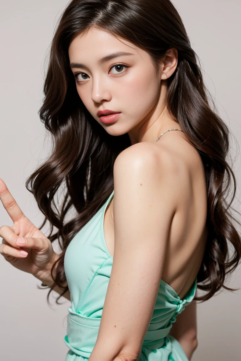 (nude)Wavy long hair, Brown Hair, One girl, Emerald Eyes, Shake with two fingers, Pink Lips, Pastel Green Dress,