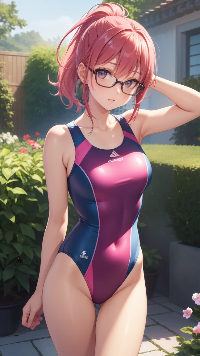1girl, natural lighting, masterpiece, highly detailed, illustration, game CG, absurdres, high quality, aichan, medium breasts, beautiful detailed eyes, medium bright pink hair, ponytail, bangs, glossy lips, blush, garden, one-piece swimsuit, modelling pose, glasses
