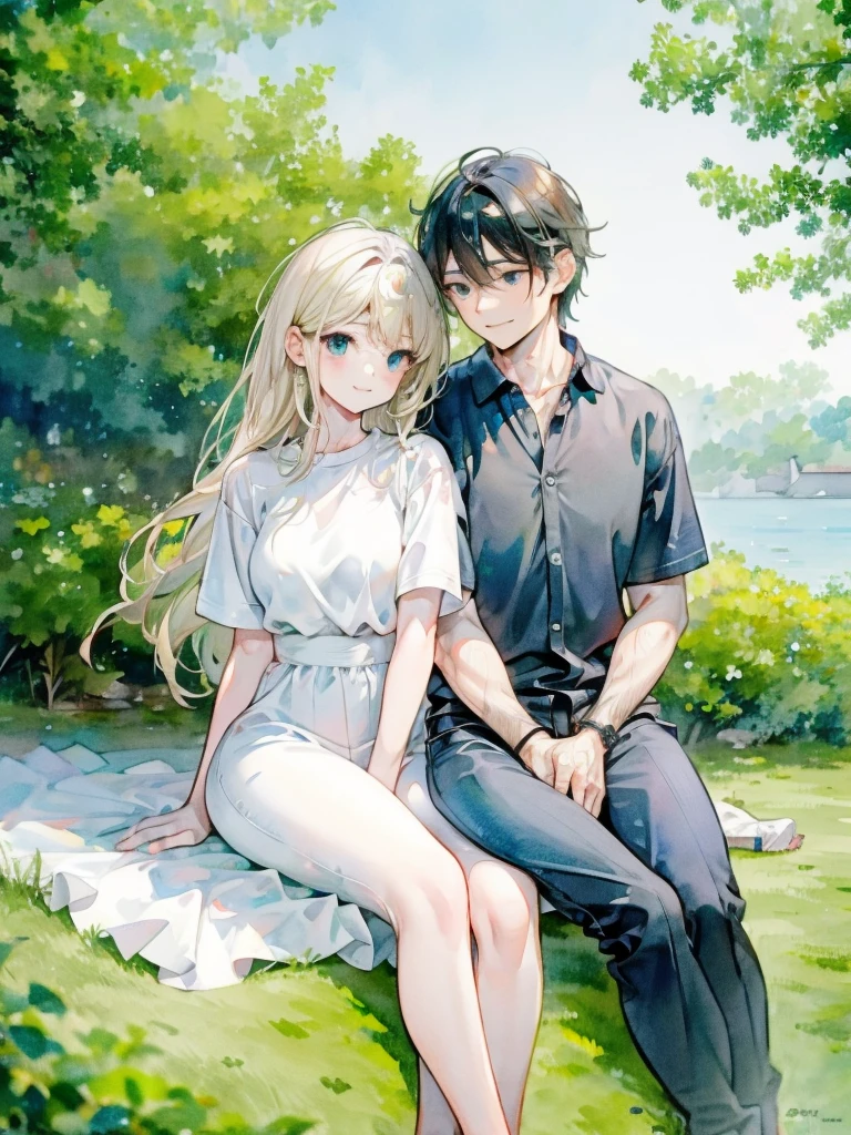 couple, (1man, 1woman), casual cloth, cute couple, happy smile, sitting on grass, romantic atmosphere, having fun, picnic, married couple, close up, zoom in, detailed face, dreamy eyes, soft light, romance, novel cover, webtoon, anime style, comic, watercolor, by makoto sinkai, modern era, good proportion, different height, symmetry, (HD, 4K, high resolution, masterpiece, absurdres)