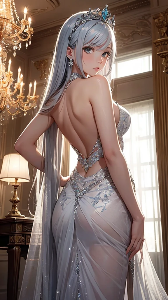 Create an image of a reserved girl with silver hair and cyan eyes, glancing downward with an uncertain expression. Her hair is shoulder-length and slightly curled at the ends, adorned with a delicate tiara. She is dressed in a flowing, ethereal gown, standing in a grand ballroom with chandeliers and marble floors. The camera angle is from behind, capturing her delicate form and the opulent surroundings. Ensure the image is a masterpiece with the best quality, very detailed, and very delicate.