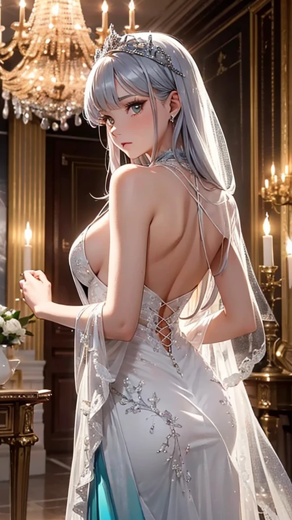 Create an image of a reserved girl with silver hair and cyan eyes, glancing downward with an uncertain expression. Her hair is shoulder-length and slightly curled at the ends, adorned with a delicate tiara. She is dressed in a flowing, ethereal gown, standing in a grand ballroom with chandeliers and marble floors. The camera angle is from behind, capturing her delicate form and the opulent surroundings. Ensure the image is a masterpiece with the best quality, very detailed, and very delicate.