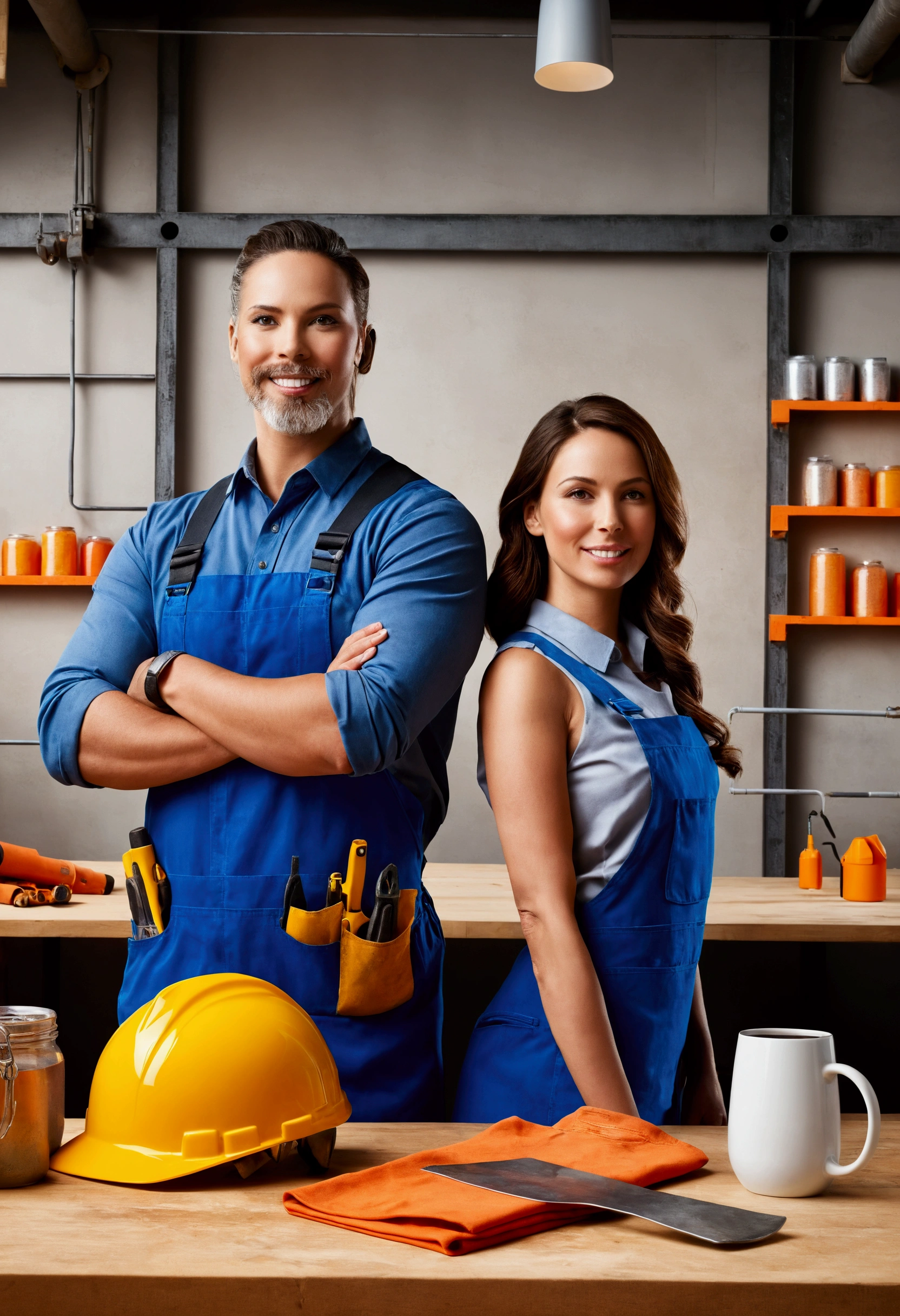 A vibrant and modern background image for a menu showcasing products like mugs and water bottles. The background should feature a man and a woman in construction attire, standing in a well-lit, industrial setting with construction tools and materials around them. The scene should be lively and colorful, with the products prominently displayed on a table or shelf in the foreground. The overall atmosphere should be welcoming and professional, suitable for a product presentation menu.