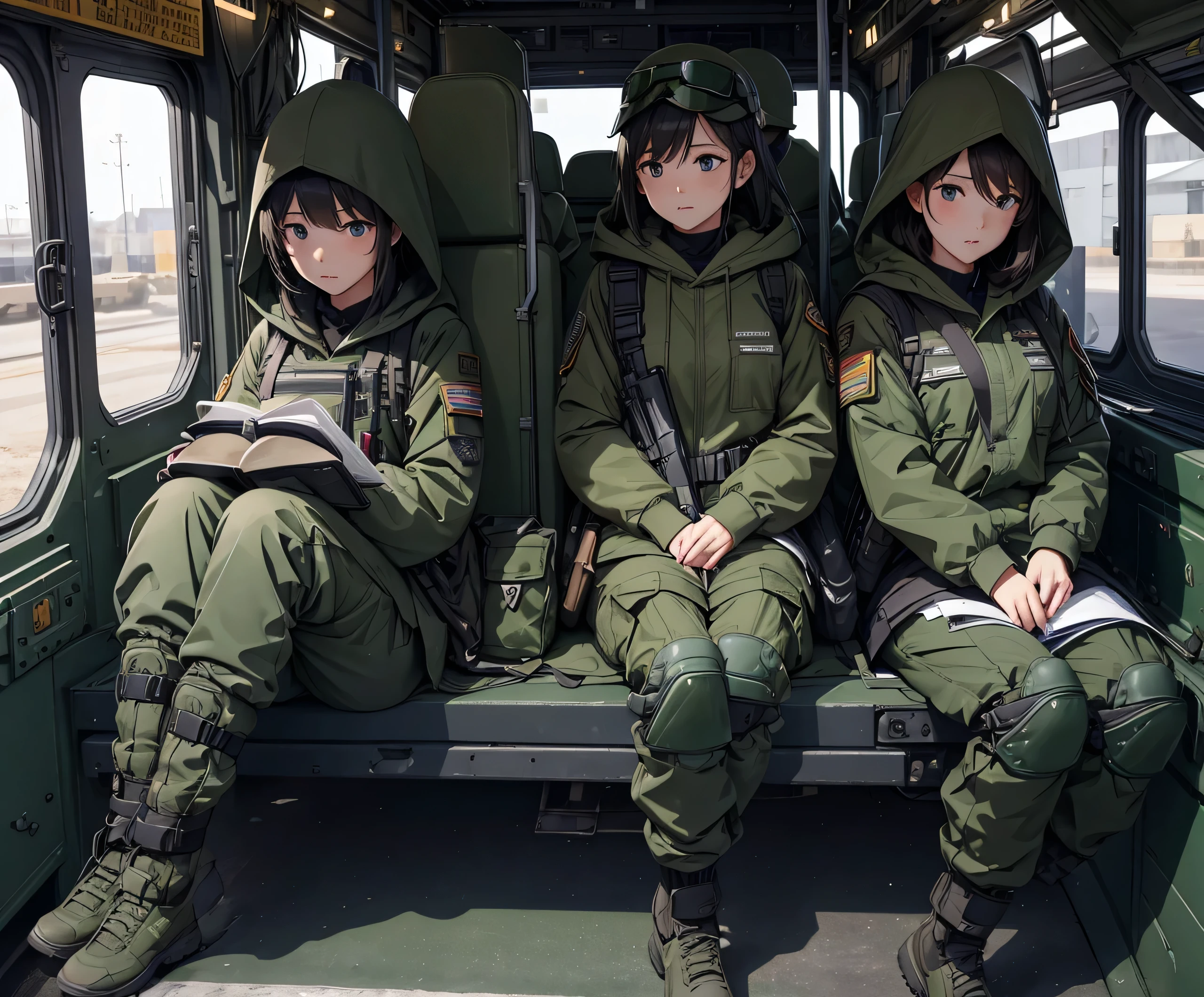 A group of female soldiers sitting in a transport vehicle,All wear dark green M-51 hooded military uniforms、Hooded on head、Magazine Pouch、Military Pants、Knee pads,Write details、masterpiece、best quality、Highly detailed CG、8K picture quality