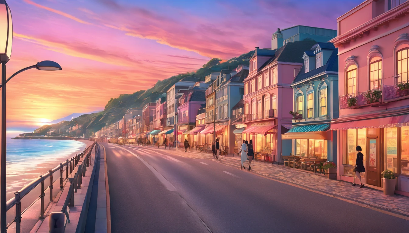 a serene city street at sunset, a winding seaside promenade, a beautiful anime-style illustration, a vibrant orange and pink sky, a sense of tranquility and wonder, (best quality,4k,8k,highres,masterpiece:1.2),ultra-detailed,(realistic,photorealistic,photo-realistic:1.37),intricate background details,dynamic lighting,vivid colors,soft pastel tones