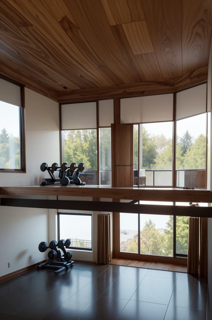 Create a 3D rendering of a modern gym interior with a warm color palette, featuring state-of-the-art fitness equipment under soft and natural lighting. The gym should have an inviting and motivational atmosphere, with high-resolution textures and a wide-angle view that conveys a sense of spaciousness. Ensure the background is clean and uncluttered, suitable for a live streaming setup, and focus on rich earth tones with bright color accents. Include wood, metal, and glass elements with dynamic shadows and highlights to enhance the 3D effect