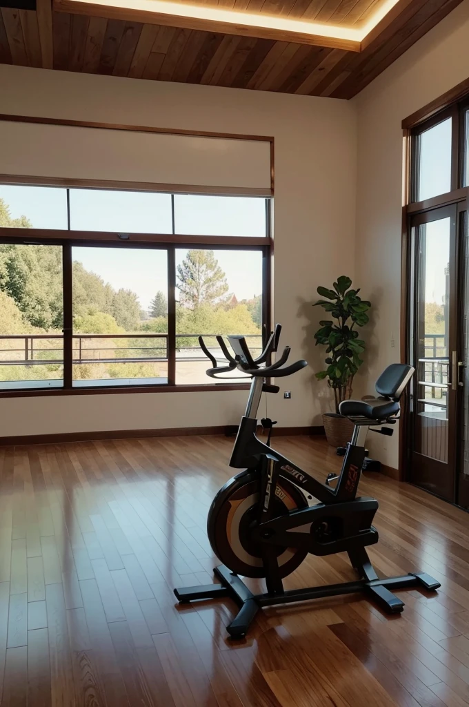 Create a 3D rendering of a modern gym interior with a warm color palette, featuring state-of-the-art fitness equipment under soft and natural lighting. The gym should have an inviting and motivational atmosphere, with high-resolution textures and a wide-angle view that conveys a sense of spaciousness. Ensure the background is clean and uncluttered, suitable for a live streaming setup, and focus on rich earth tones with bright color accents. Include wood, metal, and glass elements with dynamic shadows and highlights to enhance the 3D effect