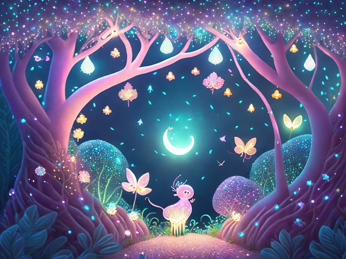 An intricate and dazzling display of fairy lights, With shining pastel lights, Jungle Trees々Delicately wraps, There are vibrant colors all around the flower, at night, Ambient moonlight, Fantasy Style, Cute fairy-like creatures live there