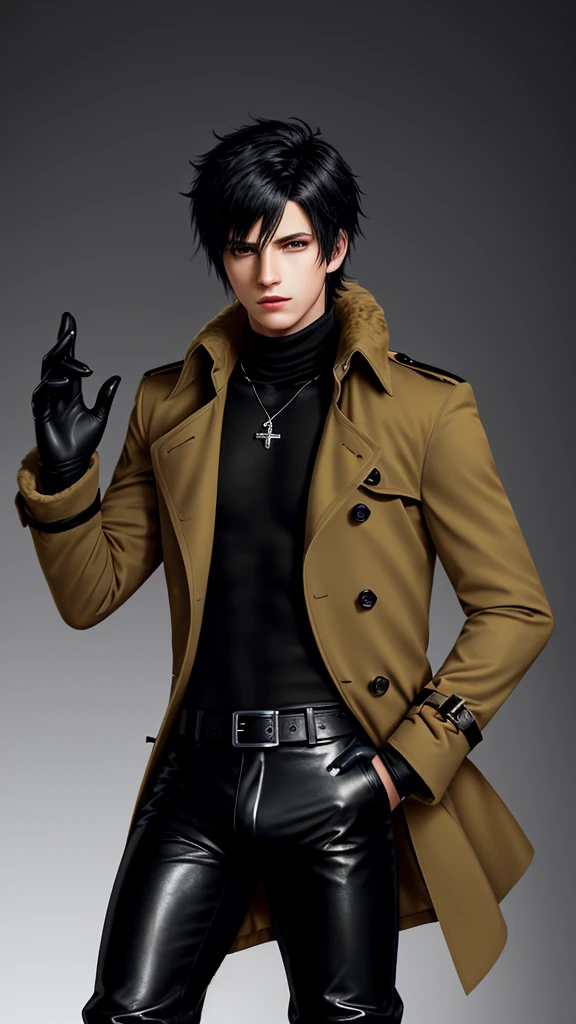 Final fantasy taste and reality graphics, Japanese young cute and cool ikemen  boy, his age is early 20s, thin eyebrows and beady eyes,  he wearing orange beige color double brest very thick trench coat, with a black color neck fur.,neck fur is black color, must black neck fur,
Must tighten your belt og coat, with epaulet, must close the front of the trench coat,, must trench coat cloth the front, also wearing black very thick turtleneck lackluster shirts,  tight black leather pants, shiny black leather tight and must put on a thin leather glove both hands, black leather knee-high raceup boots,must views  head-to-toe,must views whole body, boy looks like fashion model,Do not show skin from the neck down,leather jacket leather glove and leather pants have few wrinkles,boy in the room,,Avoid showing your innerwear,must close coats waist belt.