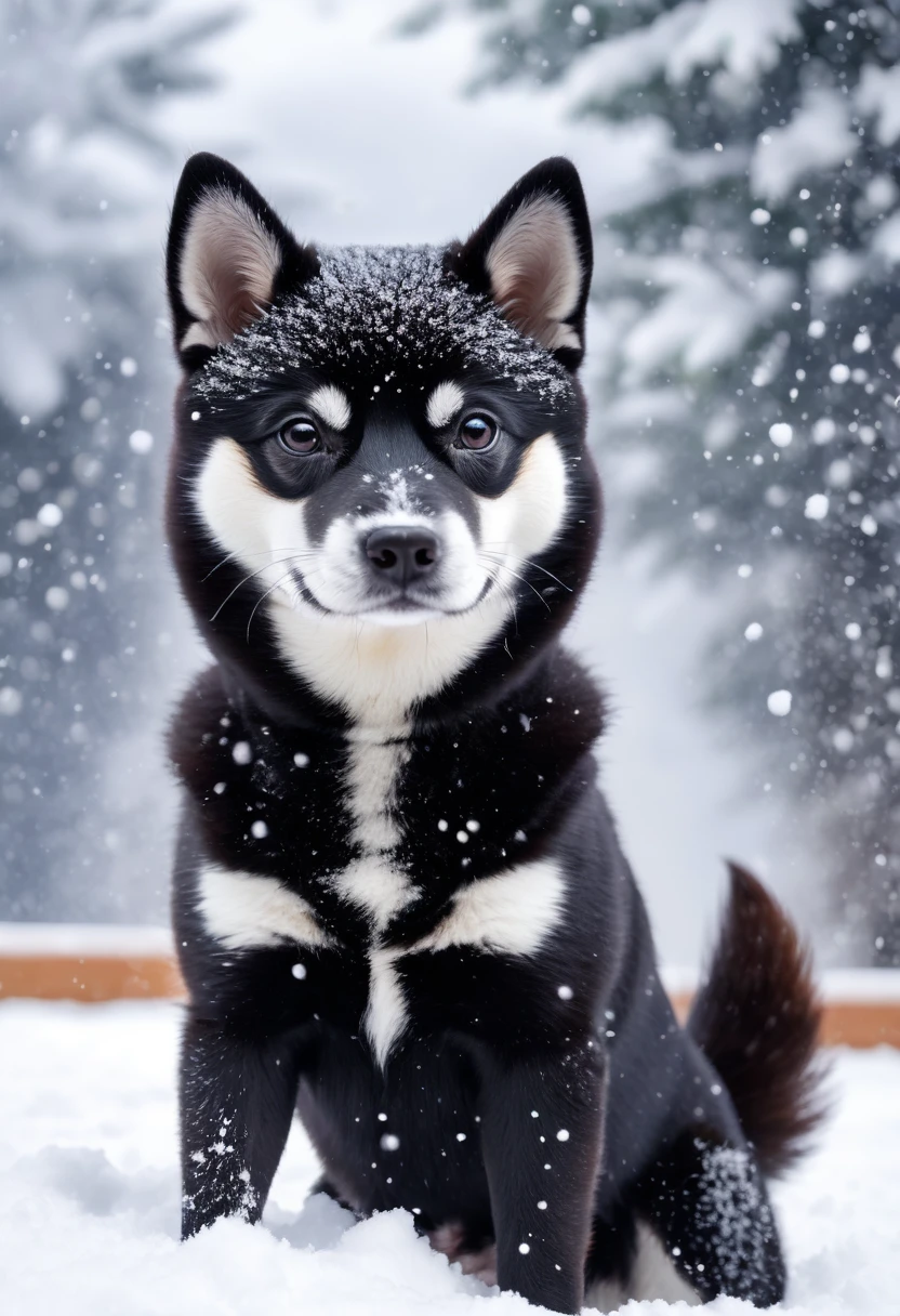 Snow play scene:
A black Shiba Inu playing in the white snow。The contrast between the black fur and the white snow is beautiful、Digging snow、The way they jump around is adorable.。