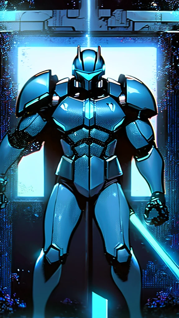 man in a blue suit, blue armor, neon armor, cyber fighting armor, water armor, cybernetic armor, shiny and elegant armor, shiny space suit, cybernetic armor, Shovel Knight como Daft Punk, 2d elf, stealth suit, space armor, LED - Illuminated armor, upper body 2d game avatar,fullbody