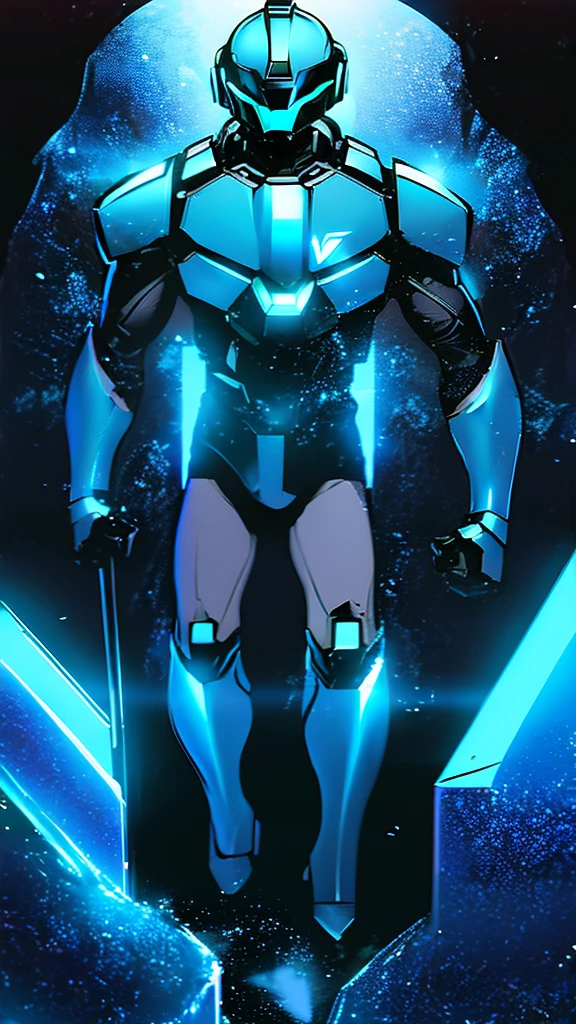 man in a blue suit, blue armor, neon armor, cyber fighting armor, water armor, cybernetic armor, shiny and elegant armor, shiny space suit, cybernetic armor, Shovel Knight como Daft Punk, 2d elf, stealth suit, space armor, LED - Illuminated armor, upper body 2d game avatar,fullbody