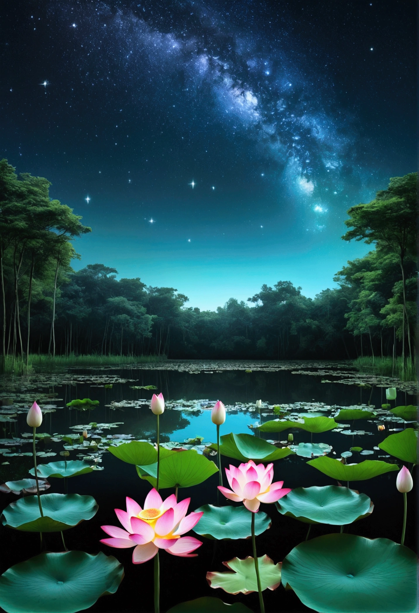 the lotus lake in the middle of the forest at night is a haven of serenity and beauty, illuminated by the soft light of lotuses and the distant glow of stars, accompanied by the harmonious sounds of night nature., magical effects, Romantic