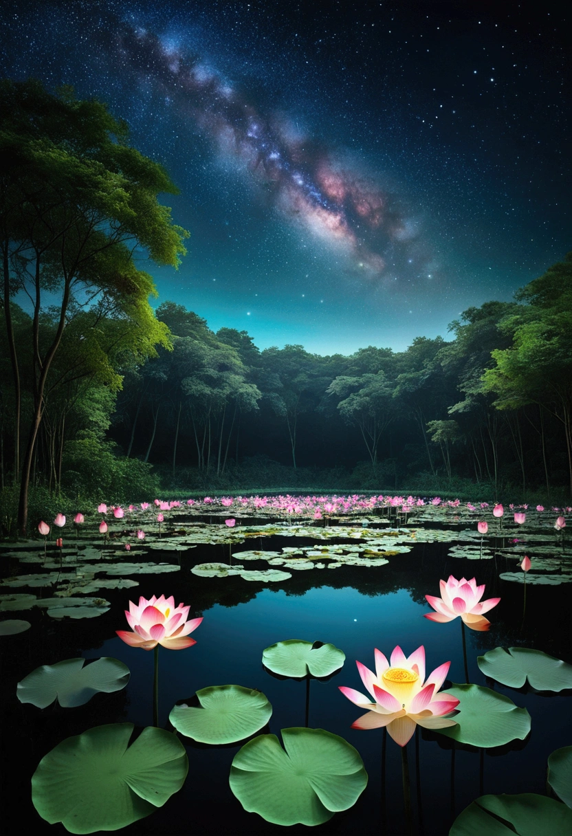 the lotus lake in the middle of the forest at night is a haven of serenity and beauty, illuminated by the soft light of lotuses and the distant glow of stars, accompanied by the harmonious sounds of night nature., magical effects, Romantic 