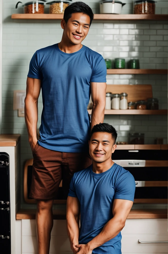 Thai man ,man ,(Blue T-shirt:1.5) ,Jeans ,He is about 30 years old..,Rough and handsome appearance,large breastsj,Big waistline,buzz cut, angry, sullen, best quality, Masterpiece,(Have muscles:4.5),(best quality,high resolution,Masterpiece:1.2),The eyes are natural and delicate..,1 person,alone,gay asian,muscle,Long legs,brave,short hair details,conjunctivitis ,strong,brown eyes, (standing in the kitchen:1.5),in the market,sitting on the table ,smile